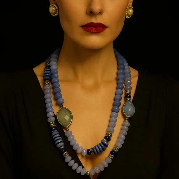 Vintage ‘90s CHICO‘s extra long blue beaded necklace with faceted stone accents - Picture 1 of 12